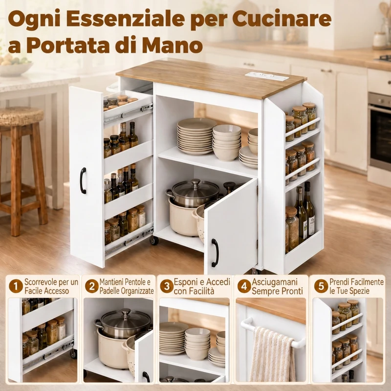 HOMCOM Carrello da Cucina con Presa di Corrente, Portaspezie e Armadietto, 80x40x88 cm, Bianco