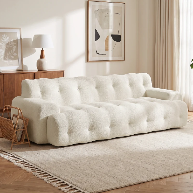 HOMCOM Canapea 3 locuri din chenille 211 cm, canapea living, șezut adânc, livrat comprimat fără asamblare, crem
