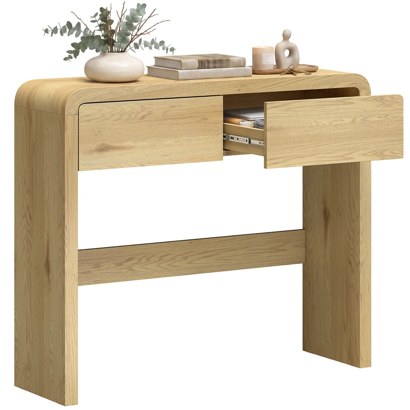 HOMCOM Consolă cu 2 sertare, mobilier consolă, 100 x 30 x 85 cm, colțuri rotunjite și blat gros, lemn natural