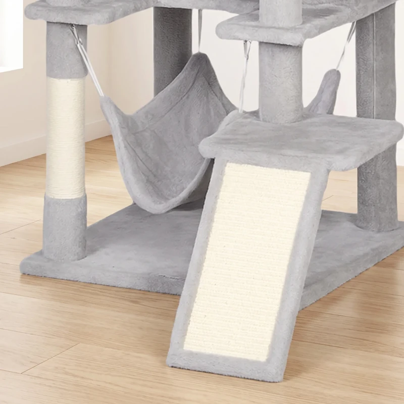 PawHut Árbol Rascador Grande para Gatos 192 cm con 3 Camas 2 Casitas 2 Hamacas Escalera Rascadora Postes de Sisal Gris Claro