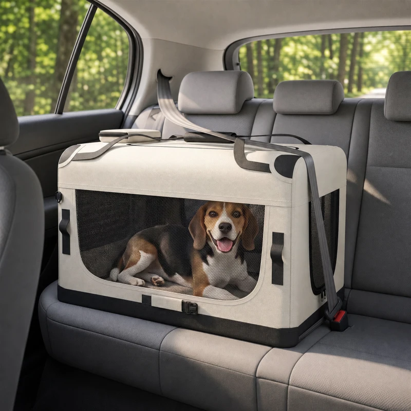 PawHut Sac de transport pour chien souple avec sangle de sécurité, coussin lavable et gamelle pliable, gris clair