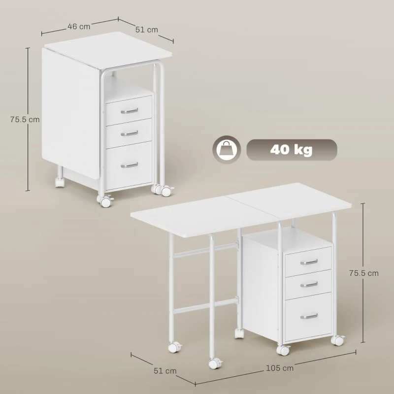 HOMCOM 105 x 51 cm Foldable Office Deskwith 3 Drawers, Extendable Top, Wheels, White
