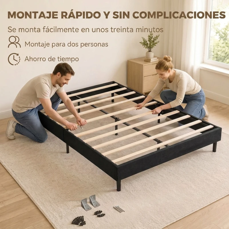 HOMCOM Cama Tapizada 144x195 cm con Funda de Chenilla Somier de Lamas de Madera Patas de Acero Fácil Montaje Carga 400 kg Gris