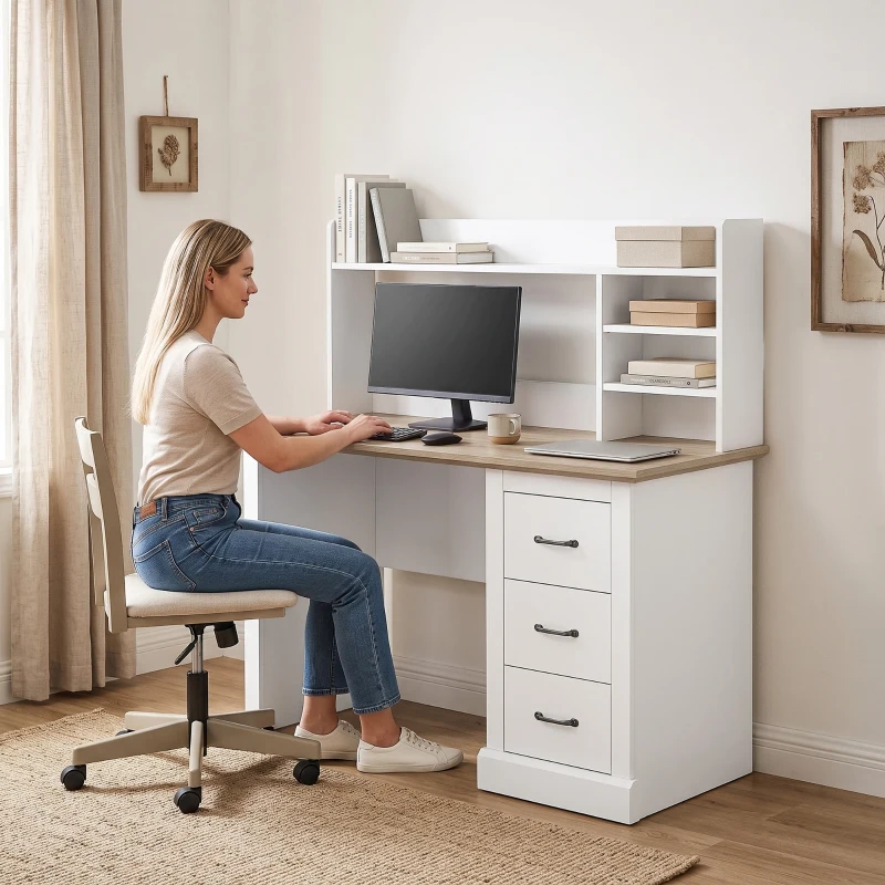 HOMCOM Escritorio para Ordenador con 3 Cajones, 120x55cm, Escritorio con Almacenamiento, Estantes Abiertos y Gran Superficie, Roble y Blanco