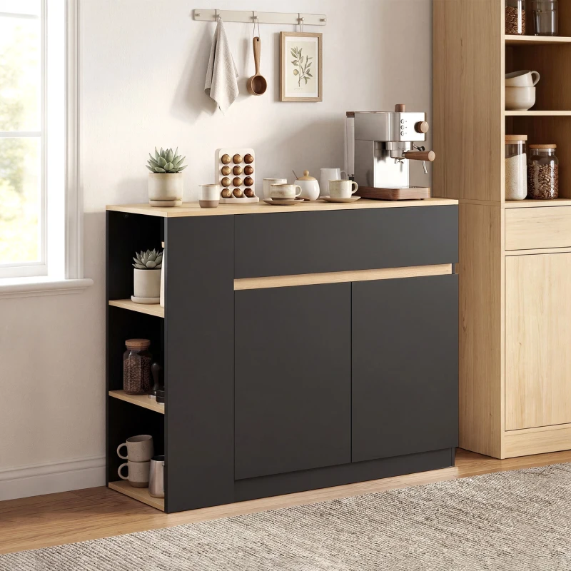 HOMCOM Aparador, buffet, gran compartimento, estante de 3 niveles, cajón, negro, 110 x 29,5 x 82 cm