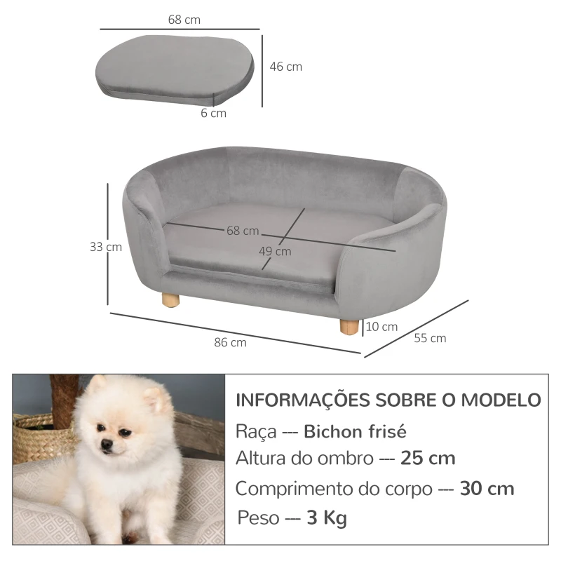 PawHut Sofá para Cães Pequenos com Pés de Madeira Almofada Removível e Capa Lavável  86x55x33 cm Cinzento Claro
