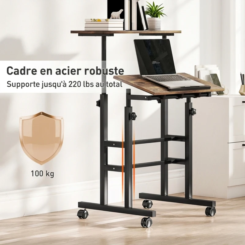 HOMCOM Bureau assis debout bureau réglable en hauteur 60 x 60 cm à roulettes avec plateau inclinable cadre métal brun rustique