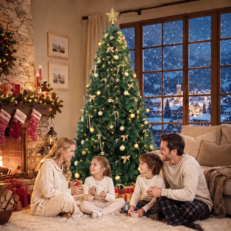 HOMCOM Árbol de Navidad Decorativo 180 cm con 240 LED 755 Ramas Ignífugas Estrella 30 Bolas 18 Lazos Decoración Dorado Verde