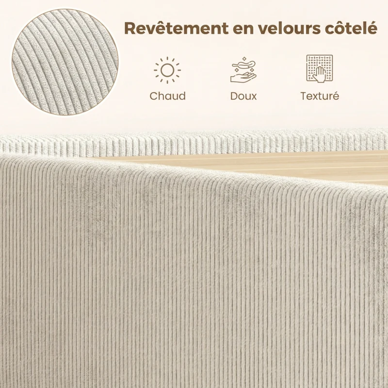 HOMCOM Cadre de Lit 140 x 190 cm avec Sommier, Tête Réglable, Lit Double Rembourré en Velours Côtelé, Sans Bruit, Gris Clair
