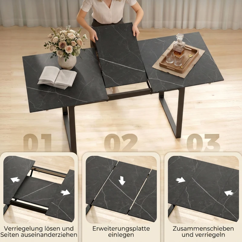HOMCOM Uitschuifbare eettafel 140-180 cm voor 6-8 personen, rechthoekig, industrieel design met stalen frame, zwart