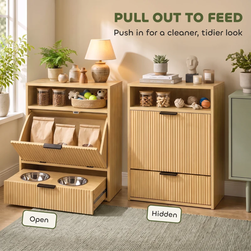 PawHut Pet Feeder Station with Storage, Dog Food Storage Container w/ 2 Raised Bowls, Tilt Out Cabinet, Slow Feeder Mat