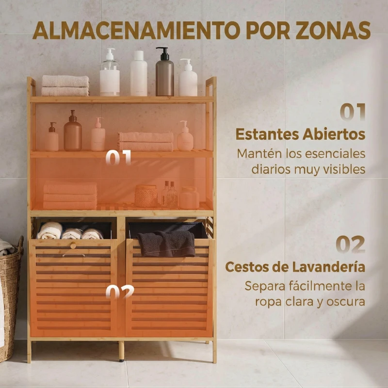 HOMCOM Mueble Ropa Sucia de Bambú con 2 Cestos para Ropa Sucia Inclinables 38,7 L y 3 Estantes 80x30x118 cm Roble
