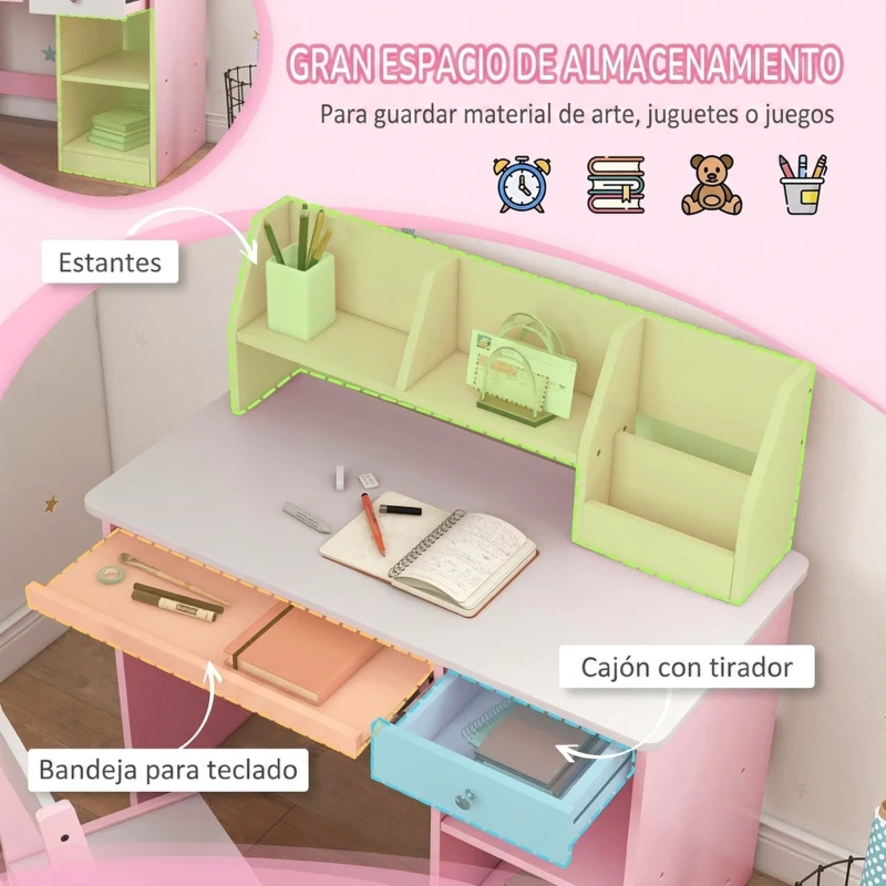 ZONEKIZ Escritorio y Silla para Niños con Almacenaje para Estudio Lectura y Juegos Mesa 90x45x90 cm y Silla 35x31,5x65 cm Rosa