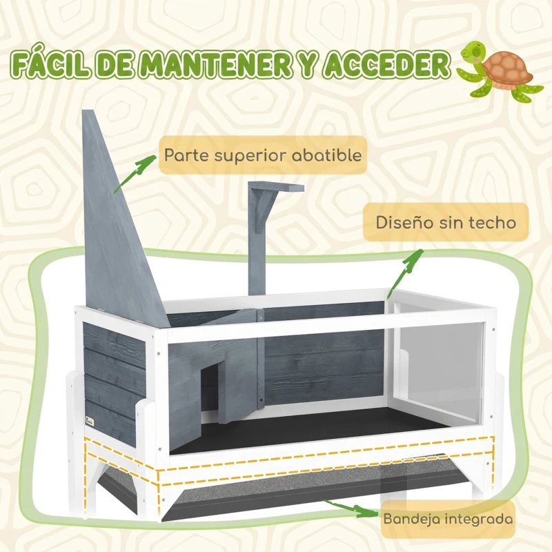 PawHut Casa de Tortugas de Madera con Estante Soporte para Lámpara Paneles Transparentes Techo Abatible Bandeja Gris