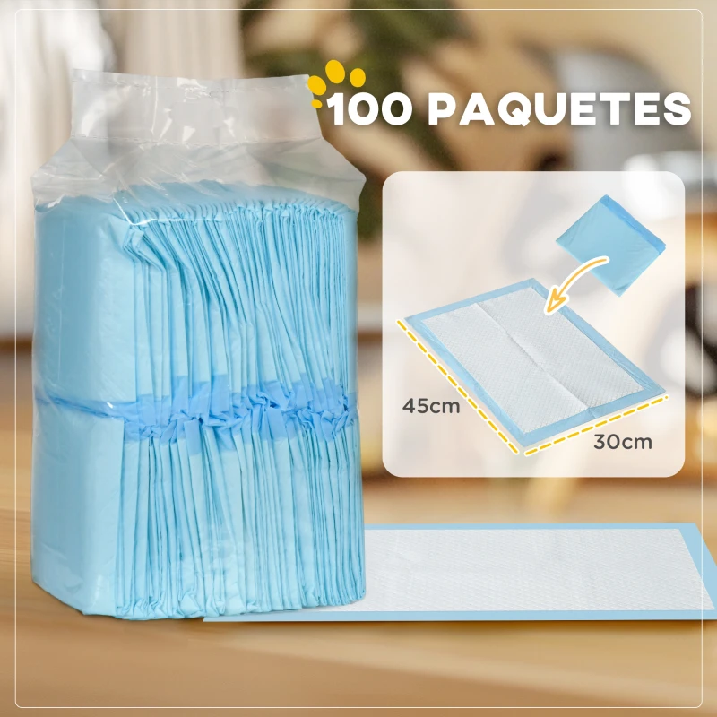 PawHut Empapadores para Perros 100 Unidad 45x30 cm Diseño de 6 Capas con Superficie de Secado Rápido a Prueba de Fugas Azul