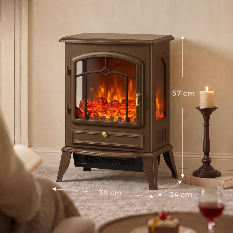 HOMCOM Chimenea Eléctrica 1000/2000 W con Efecto Llama 3 Vistas Termostato y Brillo Regulable Marrón