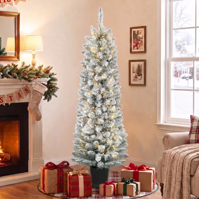 HOMCOM Árbol de Navidad Nevado con 150 Luces LED 150 cm 8 Modos 250 Ramas Verde y Blanco