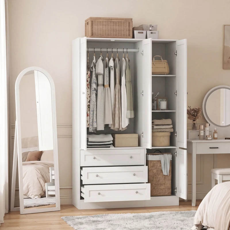 HOMCOM Armario Ropero de 4 Puertas con Barra 3 Cajones y Estante Ajustable 120x50x176,5 cm Blanco