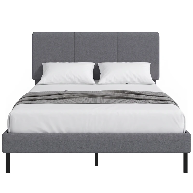 HOMCOM Cadru de pat 140 x 200 cm cu tăblie reglabilă, pat căptușit cu aspect de in cu 12 lamele