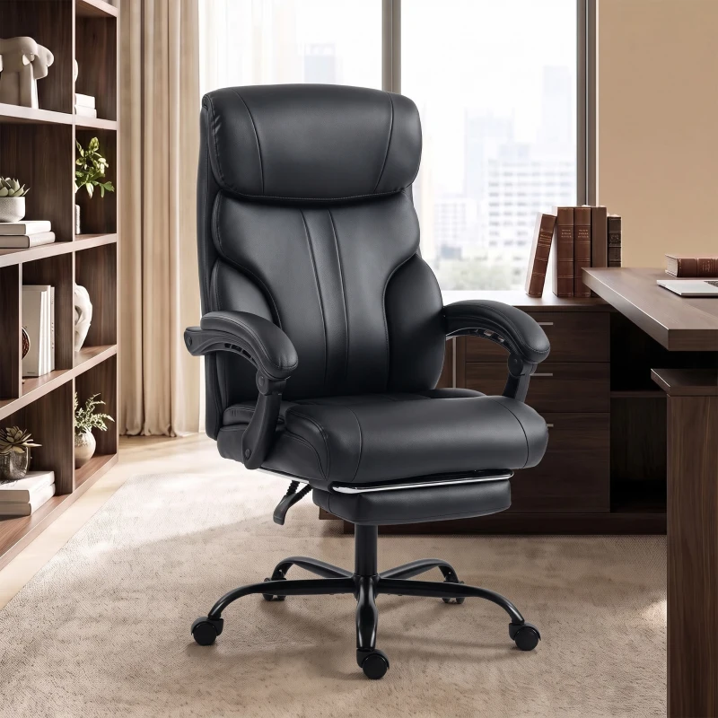 HOMCOM Chaise Bureau Ergonomique Inclinable, Fauteuil de Bureau en PU, Accoudoirs Synchronisés, Hauteur Réglable, Noir