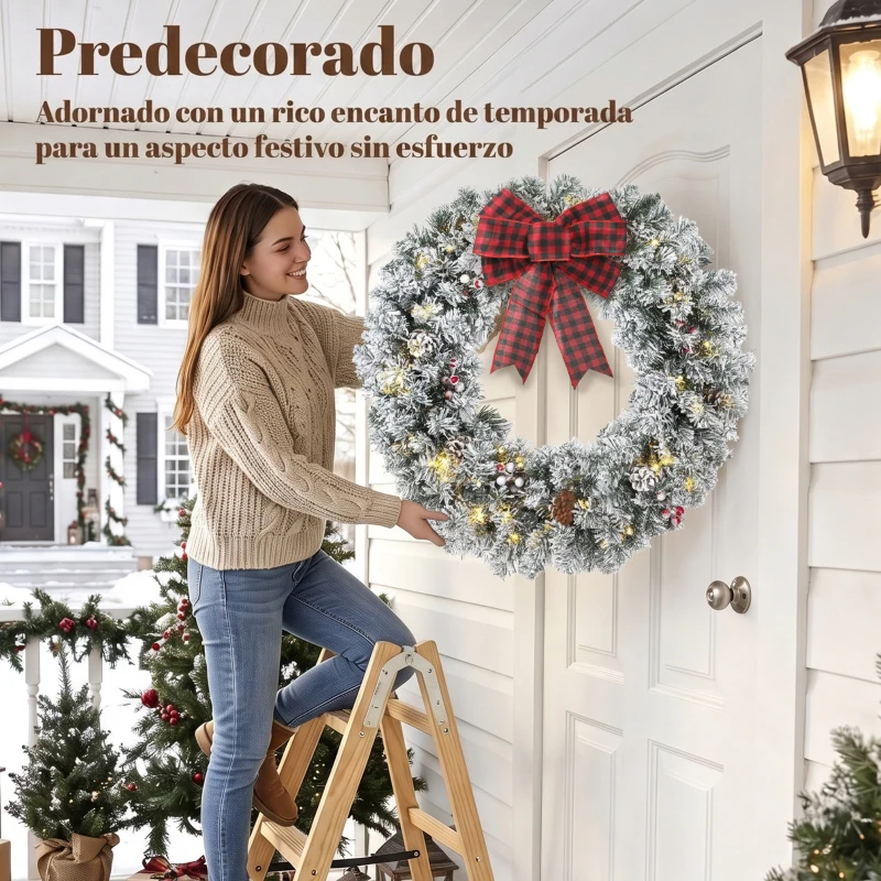 HOMCOM Corona de Navidad Puerta Efecto Nevado con 50 LED Luces Piñas Bayas y Lazo Festivo para Chimenea Pared Ventana