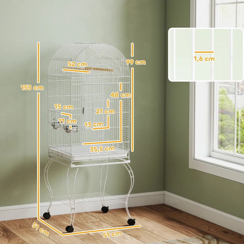 PawHut Gaiola para Pássaros com Rodas e Estante 51x51x153 cm com Parte Superior Rebatível Comedouros e Bandeja Removível Branco
