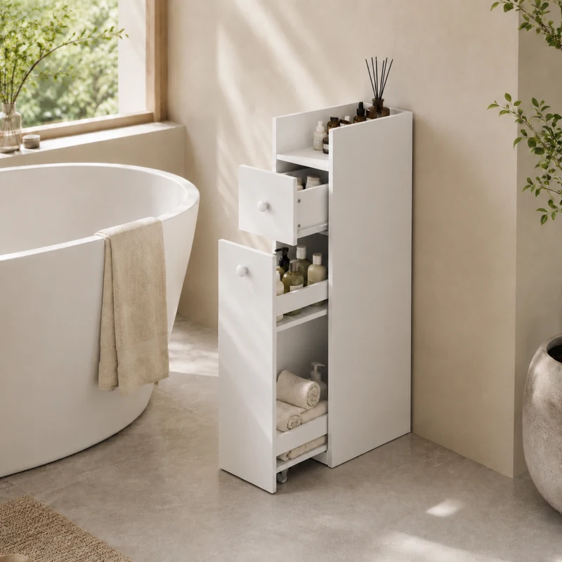HOMCOM Móvel de Banheiro Compacto 3 Níveis com Gavetas e Rodízios Branco