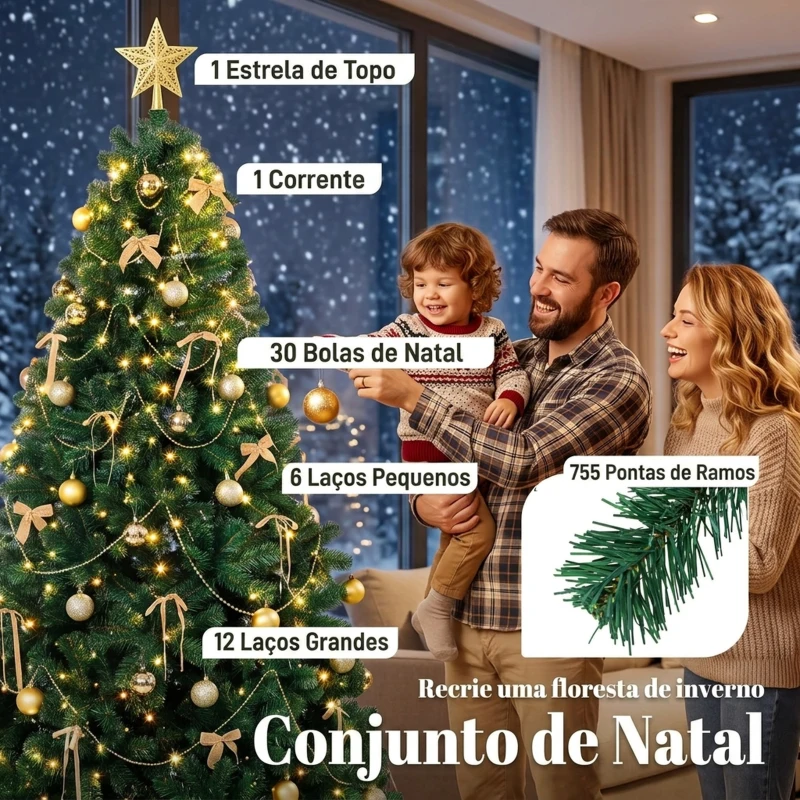 HOMCOM Árvore de Natal Decorativa 180 cm com 240 LED 755 Pontas Ignífugas Estrela 30 Bolas 18 Laços e Decoração Dourada Verde
