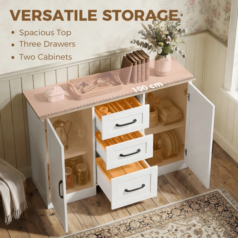 HOMCOM Sideboard Storage Cabinet, Modern 110 cm Buffet Storage Cabinet with 3 Drawers and 2 Soft Close Doors, White