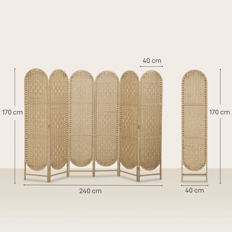 HOMCOM Paravent interieur ovale 6 panneaux 240 x 170 cm séparateur de pièce pliable, léger et tissé, bois naturel