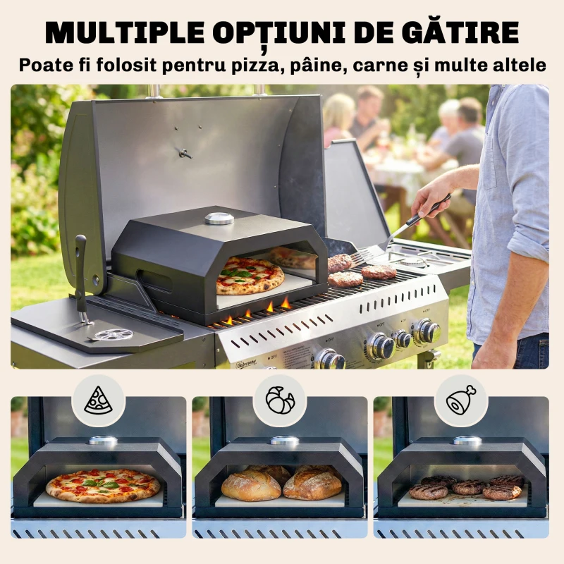 Outsunny Cuptor pentru Pizza cu Lemne Portabil cu Piatră Cordierită și Termometru, Metal, 53x40x18.5 cm, Negru