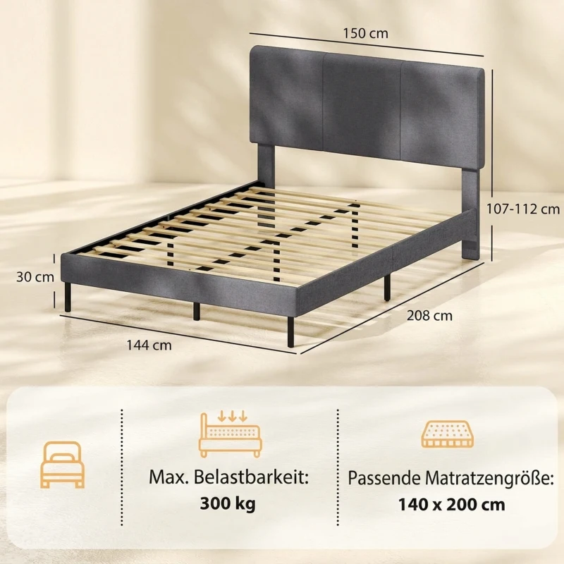 HOMCOM Armazón de cama 140 x 200 cm con cabecero ajustable, cama tapizada con aspecto de lino con 12 lamas