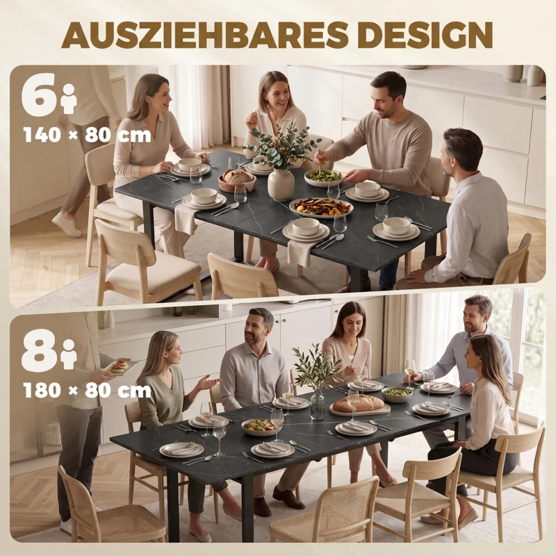 HOMCOM Uitschuifbare eettafel 140-180 cm voor 6-8 personen, rechthoekig, industrieel design met stalen frame, zwart