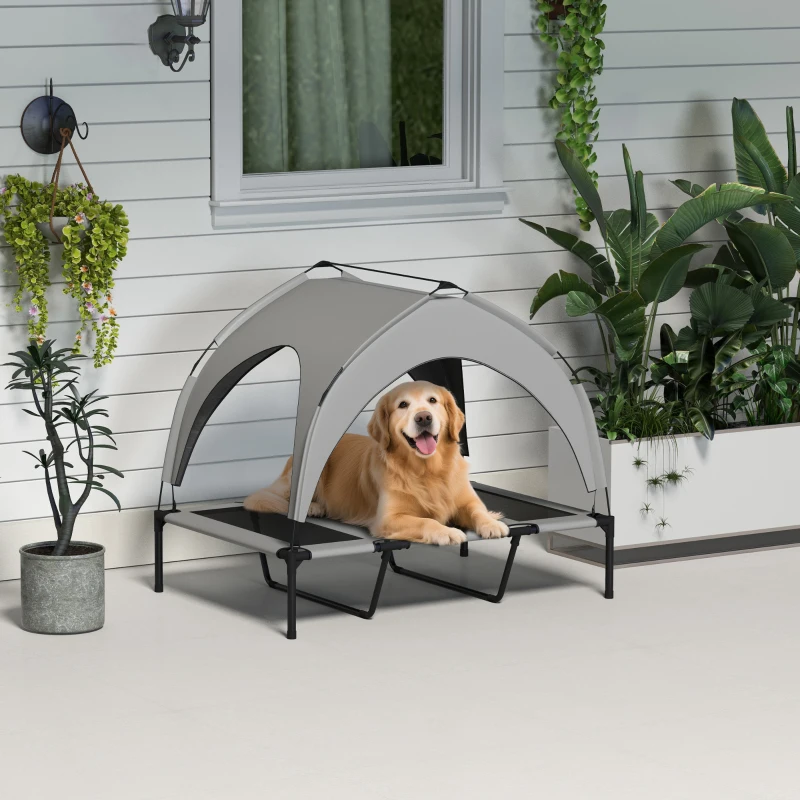 PawHut Cama Elevada para Cães com Toldo Estrutura de Aço e Bolsa de Transporte para Interior e Exterior 106x76x94 cm Cinzento Claro