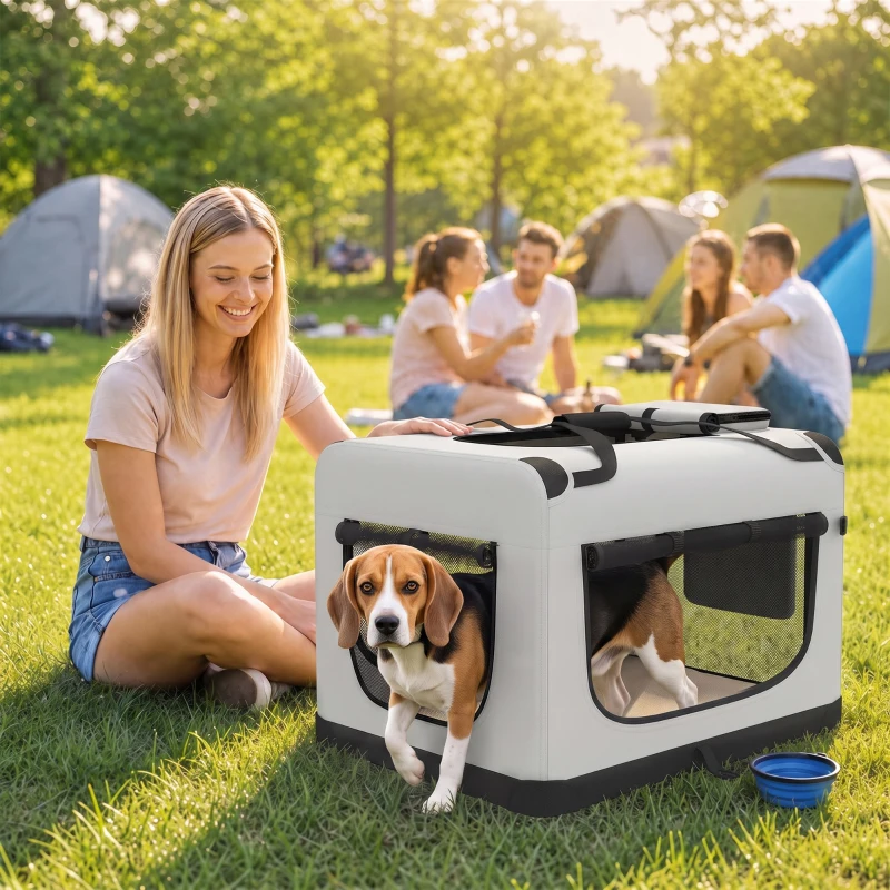 PawHut Sac de transport pour chien souple avec sangle de sécurité, coussin lavable et gamelle pliable, gris clair