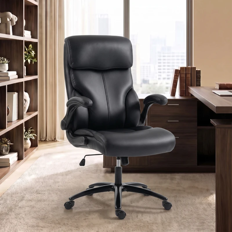 HOMCOM Chaise Bureau Ergonomique avec Accoudoirs Relevables, Fauteuil de Bureau en PU, Hauteur Réglable, Fonction Bascule, Noir