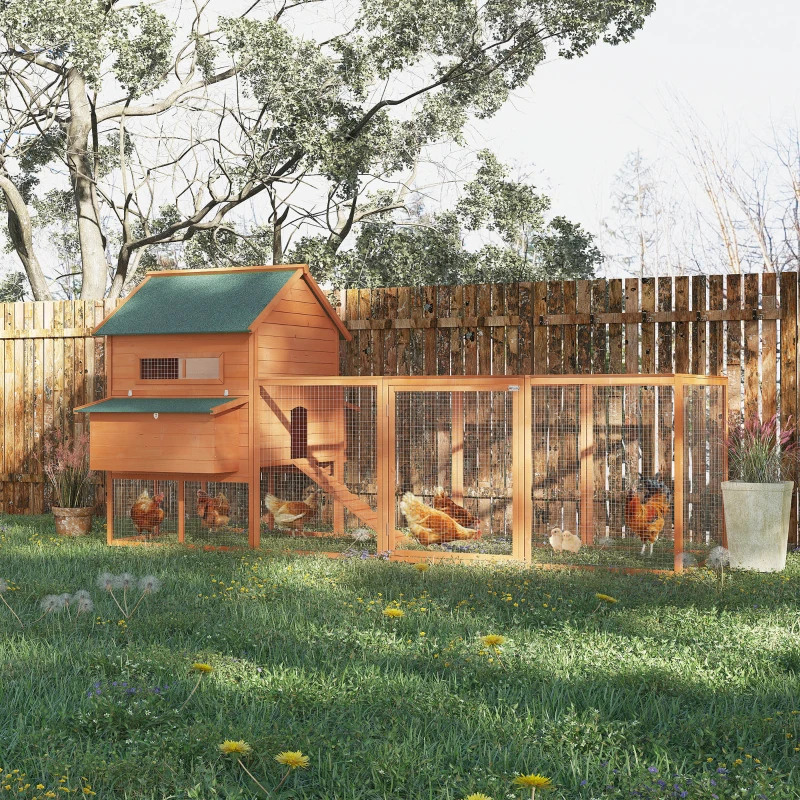 PawHut Gallinero de Exterior de Madera para 4-6 Gallinas con 2 Nidos Bandeja Extraíble y Rampa 347x160x150 cm Madera natural