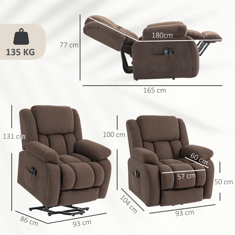 HOMCOM Fauteuil Releveur Électrique, Massage et Chauffage, Repose-Pieds, Dossier Inclinable, Télécommande, 93x104x100cm, Marron