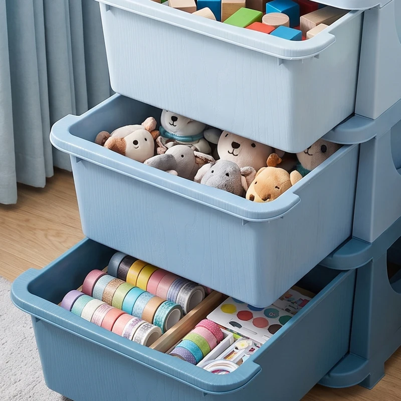 HOMCOM Torre de Almacenamiento Infantil con 3 Cajones, Organizador de Juguetes para Niños de +3 Años, con Bordes Redondeados y Asas, para Guardería, Sala de Juegos, Dormitorio, 37x37x56,5 cm, Azul