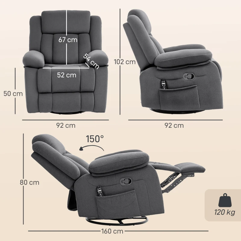 HOMCOM Fotoliu relax cu masaj prin vibrații și încălzire, fotoliu rotativ reglabil manual cu funcție de balans și arcuri pocket, Gri