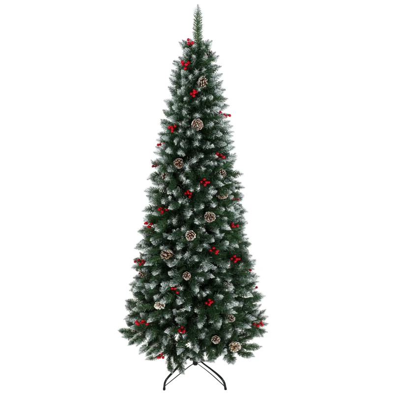 HOMCOM Verschneiter Bleistift-Weihnachtsbaum 210 cm mit 818 Zweigen, roten Beeren, Zapfen, klappbarem Metallfuß, automatische Öffnung, Grün