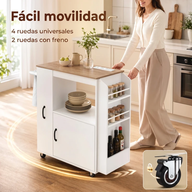 HOMCOM Carrito de Cocina con Ruedas Estación de Carga Armario Organizador Extraíble Especiero Barra Toallas 80x40x88 cm Blanco