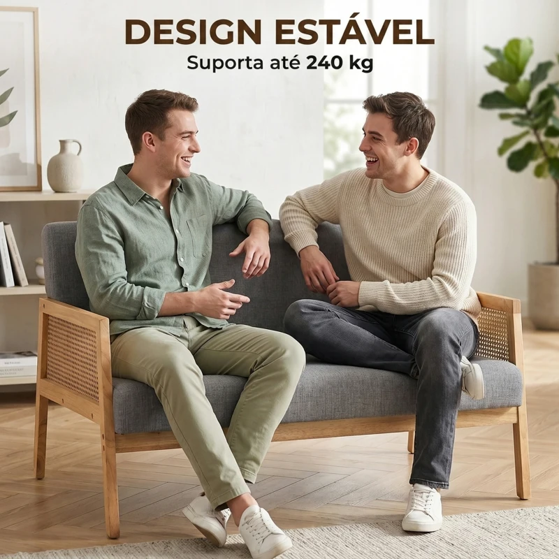 HOMCOM Sofá de 2 Lugares com Efeito Linho Detalhes em Vime Sintético e Estrutura em Madeira até 240 kg 115x77x77 cm Cinza