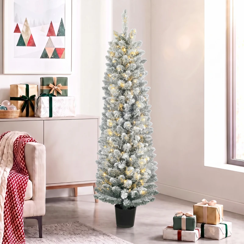 HOMCOM Árbol de Navidad Nevado con 150 Luces LED 150 cm 8 Modos 250 Ramas Verde y Blanco