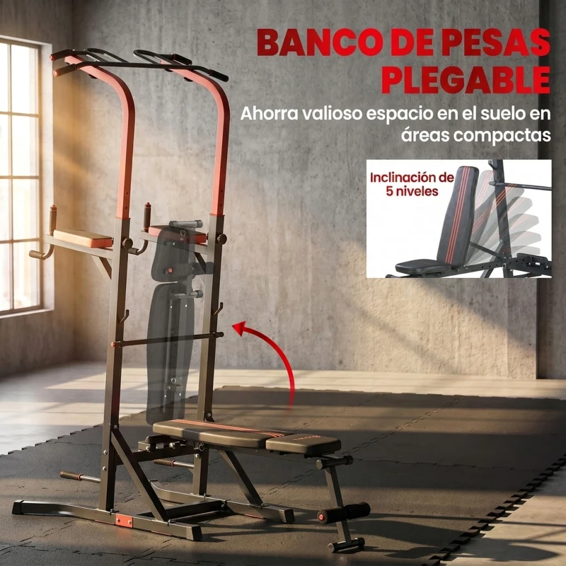 HOMCOM Estación de Musculación Torre de Entrenamiento con Altura Ajustable y Respaldo Regulable en 5 Posiciones Barra de Dominadas Fitness Flexiones Acero 108x178x202-238 cm Negro