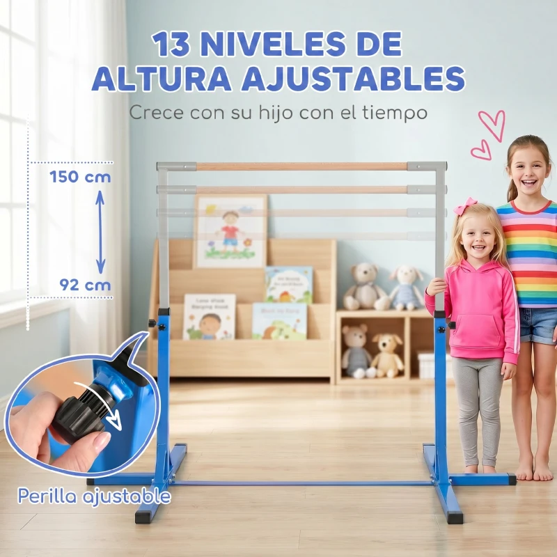 HOMCOM Barra de Gimnasia para Niños de +3 Años Barra de Entrenamiento Altura Ajustable 92-150 cm Carga 75 kg 194x121x150cm Azul