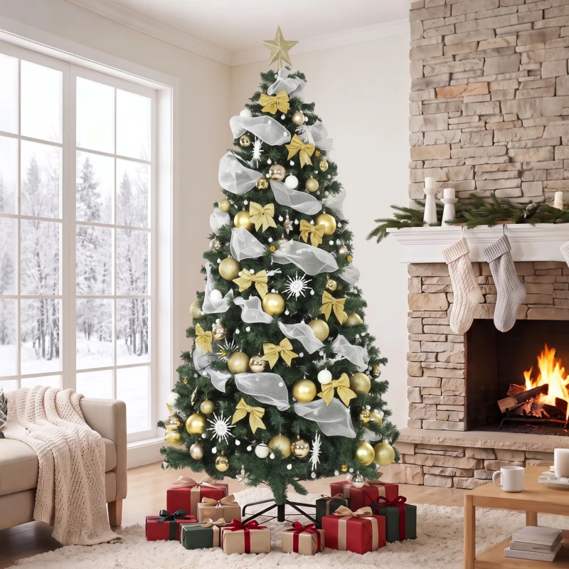 HOMCOM Árbol de Navidad 230 cm con 250 LED 1136 Ramas 8 Modos Bolas Cintas y Lazos Mando a Distancia y Base Plegable Verde