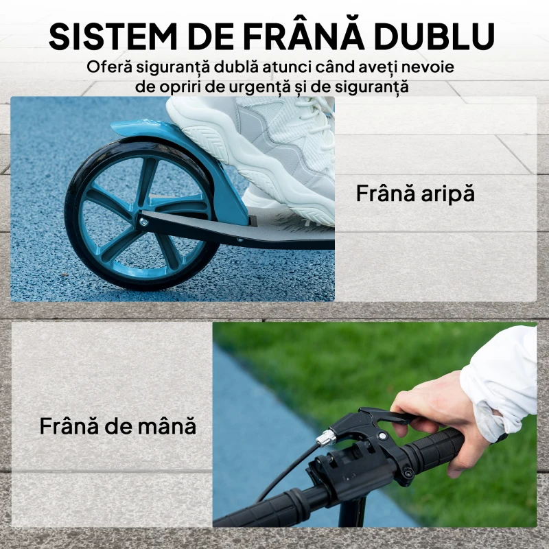 HOMCOM Trotinetă Pliabilă pentru Adulți, Ghidon Reglabil, Aluminiu, Roți Mari 200 mm, Amortizor, Frână Dublă, 100 kg, Albastră