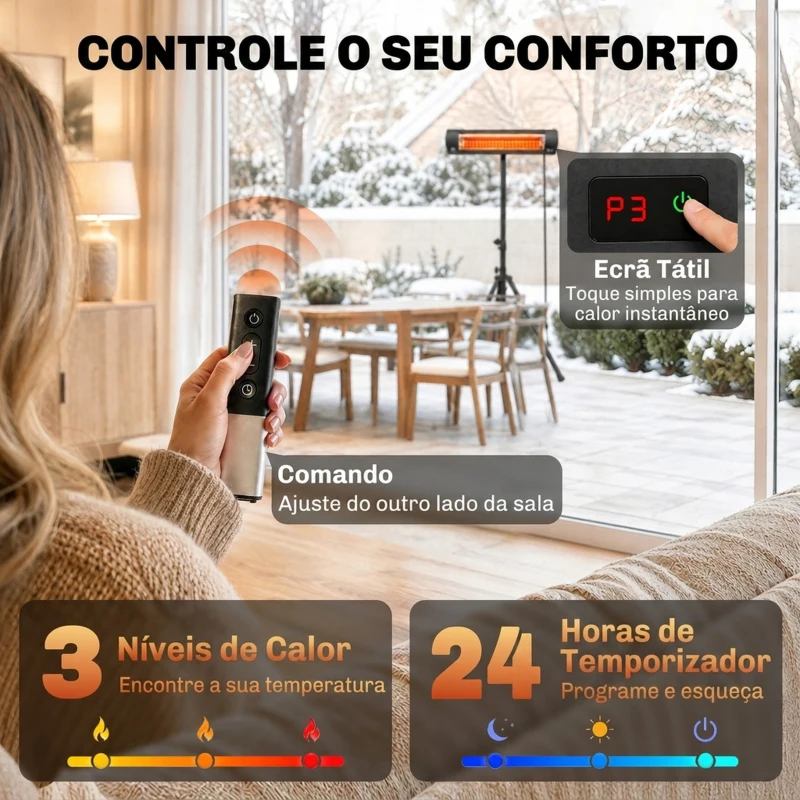 Outsunny Aquecedor de Infravermelhos para Terraço de Pé 2500 W Tripé Regulável IP65 Controlo Tátil/Remoto 3 Níveis de Calor Temporizador