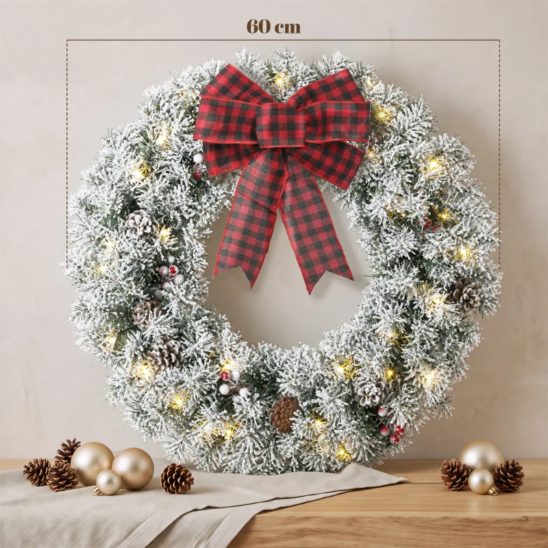 HOMCOM Corona de Navidad Puerta Efecto Nevado con 50 LED Luces Piñas Bayas y Lazo Festivo para Chimenea Pared Ventana
